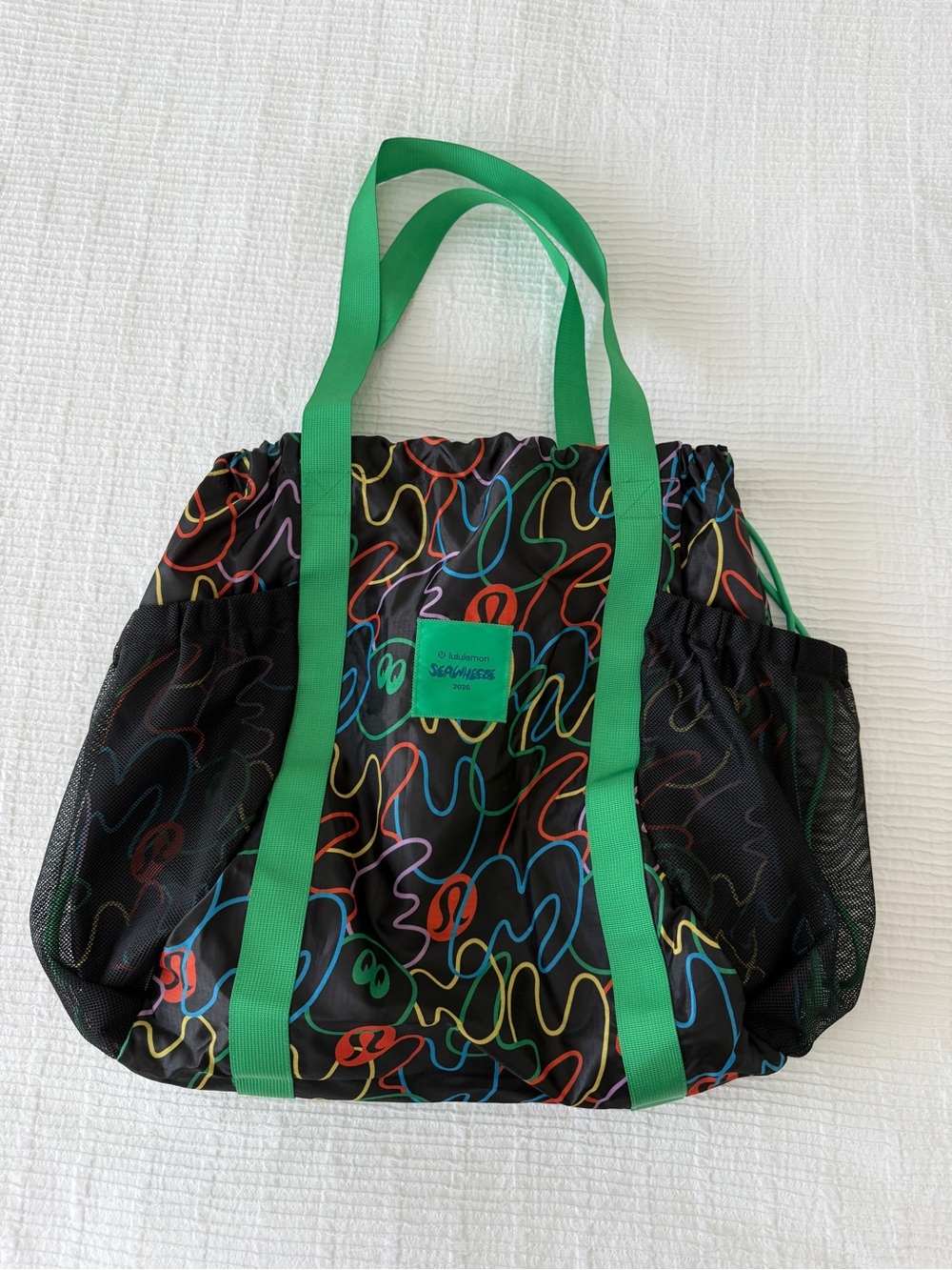 lululemon athletica Black Tote with Multicolor Squiggles and Green Straps